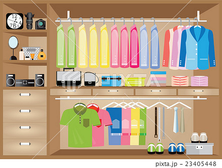 Flat Design walk in closet with shelves. 23405448