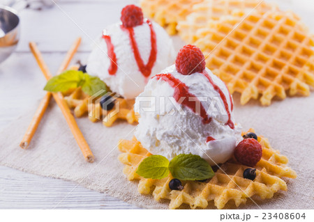 Ice Cream with Mint and waffles. Homemade Organic 23408604
