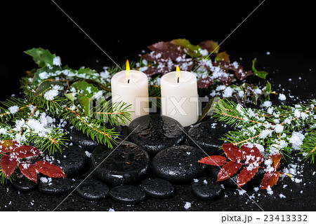 winter spa concept of zen basalt stones, evergreen 23413332