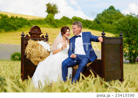 Happy wedding couple in wheat field 23413590