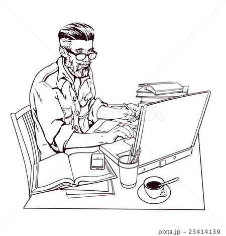 hipster man in a jeans jacket at work. A large hipster man in a jeans jacket at work. A large 23414139