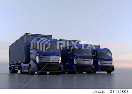 横一列に並んでいる青色のハイブリッドトラック 23416308