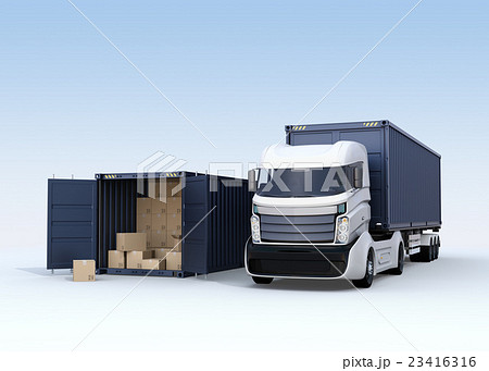 白色のトラックと扉を開けたままのコンテナのイラスト素材