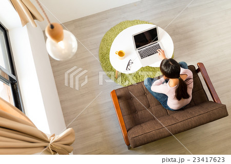 Top view of woman using computer for working at home Top view of woman using computer for working at home 23417623