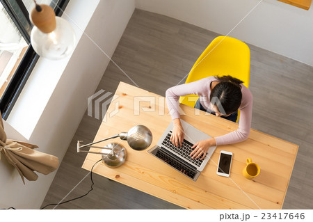 Top view of woman use of noteebook computer at home Top view of woman use of noteebook computer at home 23417646