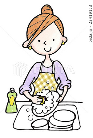 女性の日常生活１６食器を洗うのイラスト素材