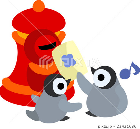 ポストに手紙を投函する可愛い赤ちゃんペンギンのイラスト素材