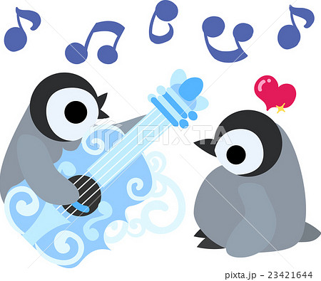 可愛い赤ちゃんペンギンとギターのイラスト素材