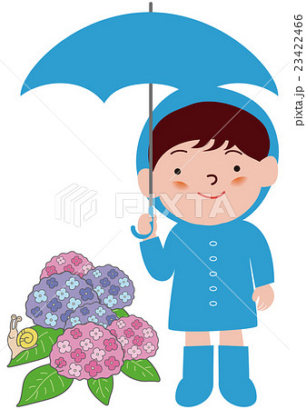 傘をさすレインコートの男の子と紫陽花 のイラスト素材