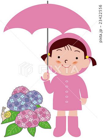 傘をさすレインコートの女の子と紫陽花 のイラスト素材