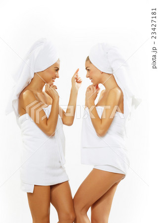 Two happy teen girl after shower 23427181