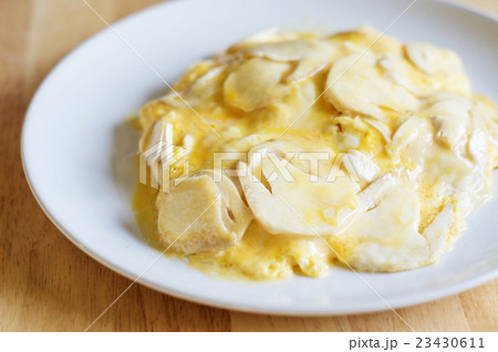 scrambled eggs fried with mushroom. 23430611