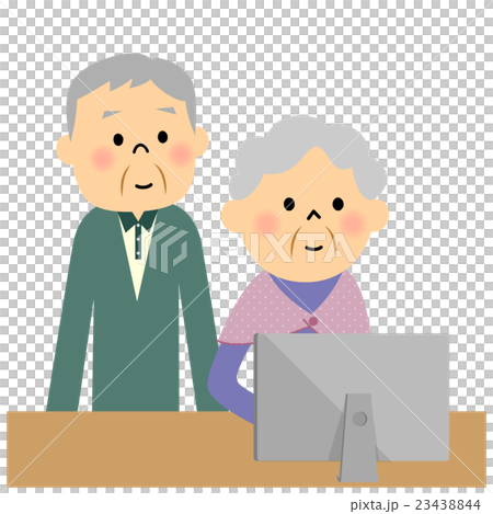 仲良くパソコンに向かう高齢者カップル 23438844
