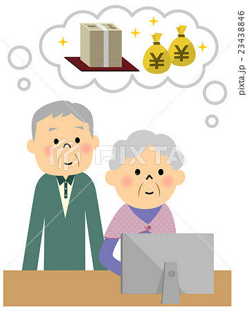仲良くパソコンに向かう高齢者カップル 23438846