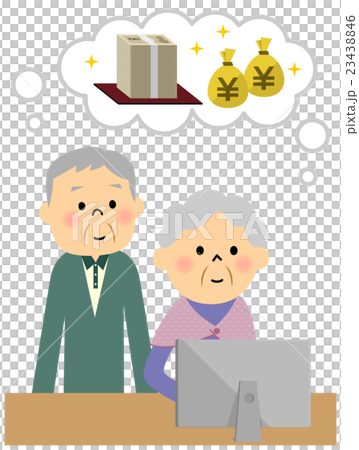 仲良くパソコンに向かう高齢者カップル 23438846