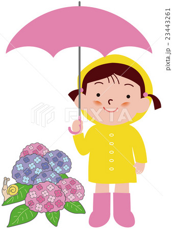 傘をさすレインコートの女の子と紫陽花   傘をさすレインコートの女の子と紫陽花   23443261