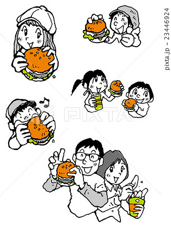 ハンバーガーを食べる人たち ポイントカラー のイラスト素材