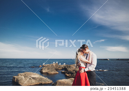 Charming bride, elegant groom on landscapes of 23451388