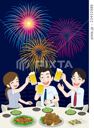 乾杯する3人 ビアガーデン 花火のイラスト素材