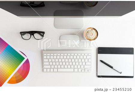 designer workspace white table on top view 23455210