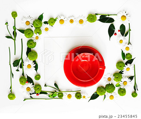 Paper and red cup for coffee or tea with frame. 23455845