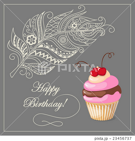 birthday card with cake, cherry and feather 23456737