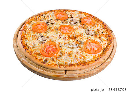 pizza with mushrooms on a wooden board 23458793