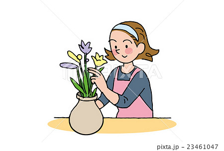 花をいけるお母さんのイラスト素材