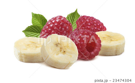 Raspberry banana pieces isolated white background 23474304