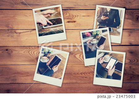 Frame photos of woman using phone and tablet set 23475003