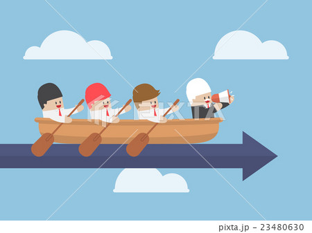 Senior businessman with his team rowing to success Senior businessman with his team rowing to success 23480630