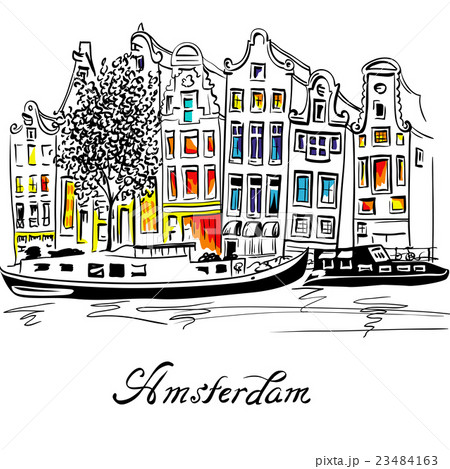 Vector Amsterdam canal and typical dutch houses 23484163