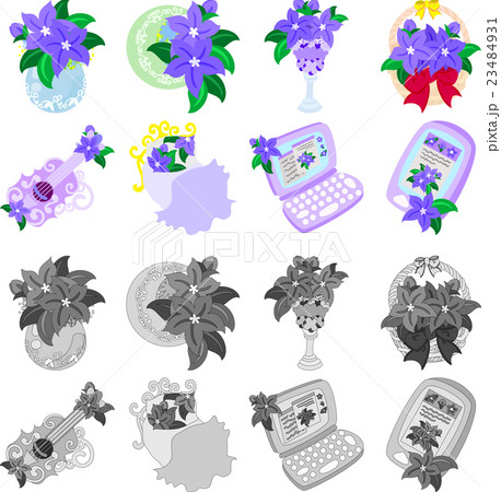 花瓶や植木鉢などの 可愛い紫の花の雑貨のアイコンいろいろのイラスト素材