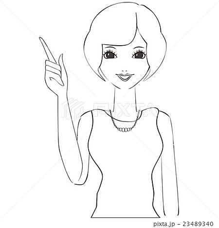 美人 ボブ女性 線画 指さしのイラスト素材