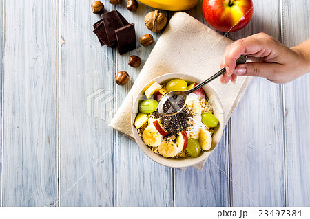 Bowl of fresh fruit. Healthy breakfast. Bowl of fresh fruit. Healthy breakfast. 23497384
