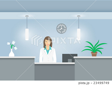 Woman receptionist in medical coat at reception Woman receptionist in medical coat at reception 23499749