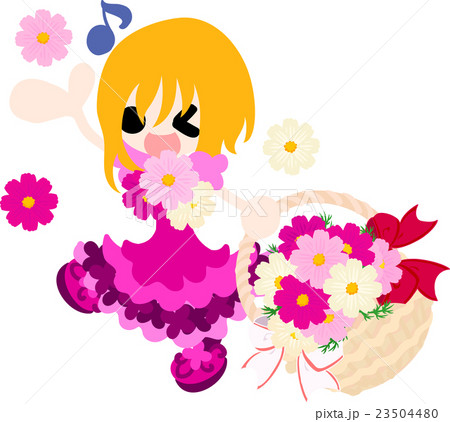 可愛い女の子とコスモスの花かごのイラスト素材