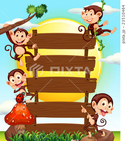 Wooden sign and four monkeys 23510464