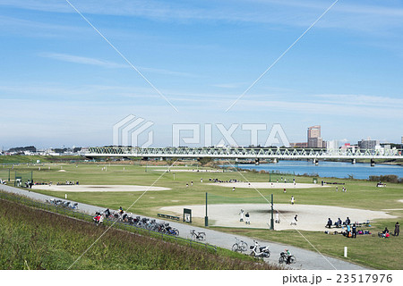 江戸川土手の野球場の写真素材