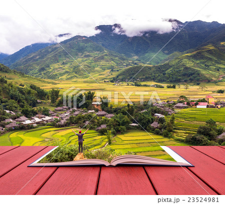conceptual book image of Traveler at Rice fields on terraced of Tu le District, YenBai province, Northwest Vietnam conceptual book image of Traveler at Rice fields on terraced of Tu le District, YenBai province, Northwest Vietnam 23524981