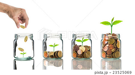 Hand putting gold coins into clear bottle on white background,Business investment growth concept Hand putting gold coins into clear bottle on white background,Business investment growth concept 23525069