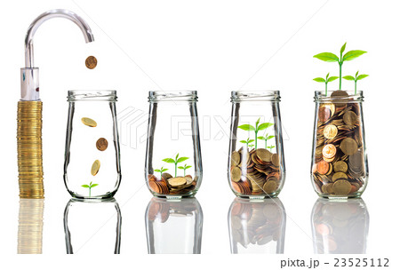 Faucet putting gold coins into clear bottle on white background,Business investment growth concept Faucet putting gold coins into clear bottle on white background,Business investment growth concept 23525112