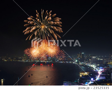 Multicolor fireworks night scene, blurred photo pattaya cityscape sea beach view, thailand Multicolor fireworks night scene, blurred photo pattaya cityscape sea beach view, thailand 23525335