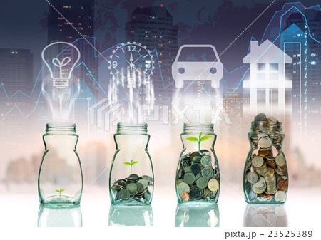 Mix coins and seed in clear bottle on trading graph with cityscape background with sign shape,Business investment growth concept Mix coins and seed in clear bottle on trading graph with cityscape background with sign shape,Business investment growth concept 23525389