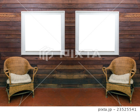 Interior with wooden chair and frame on a wood wall 23525541