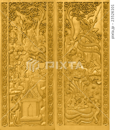 Closeup Wooden mural of Wat Pak Khlong Makham Thao, Chainat province, Thailand,public domain Closeup Wooden mural of Wat Pak Khlong Makham Thao, Chainat province, Thailand,public domain 23526101