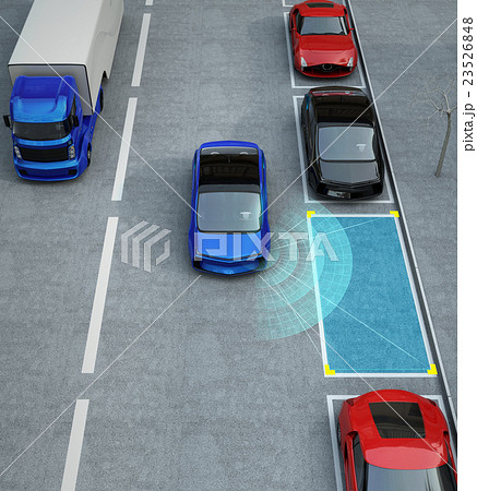 駐車支援システムによる自動駐車コンセプトイメージのイラスト素材