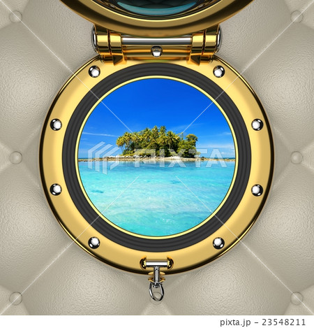 Turquoise lagoon and island from the porthole 23548211