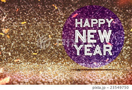 Happy New year on purple circle in gold color Happy New year on purple circle in gold color 23549750