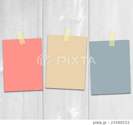 Three colored hanging adhesive paper notes blank design template 23560552